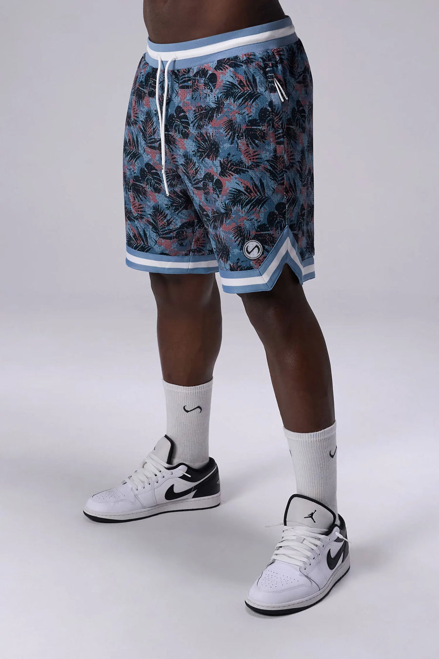 Palm Print GTS Evolve Mesh 8 Inch Shorts with lightweight breathable mesh fabric, zip pockets, and 4-way stretch performance for gym training and workouts by TLF Apparel – front view