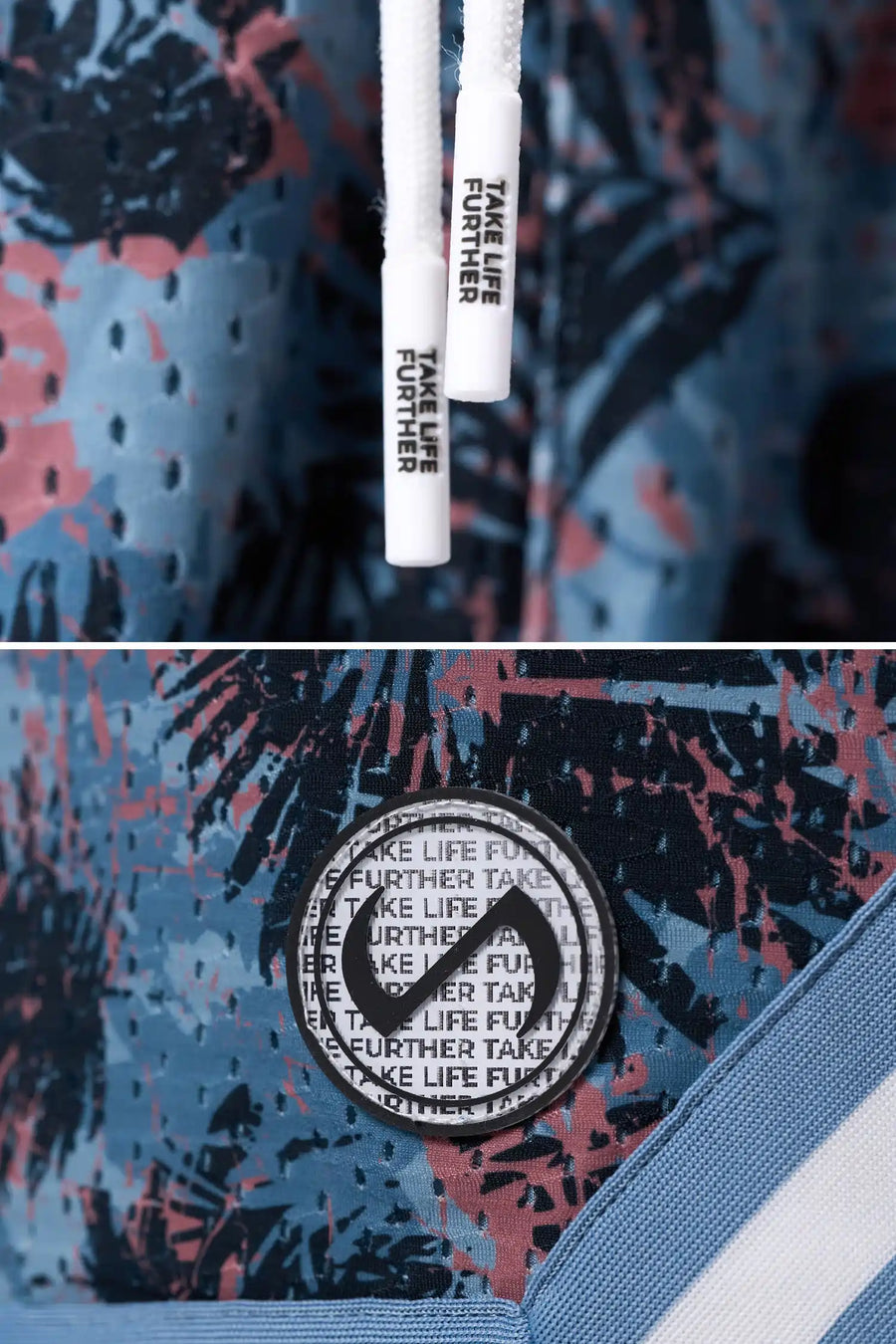 Palm Print GTS Evolve Mesh 8 Inch Shorts showing Mesh Tech DNA™ fabric, striped ribbed waistband, and premium construction details by TLF Apparel – detail view