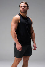 Black men’s Apex 365 7 Inch Shorts feature a 7 inch inseam, designed for training, and all-day gym to street wear by TLF Apparel – details view 