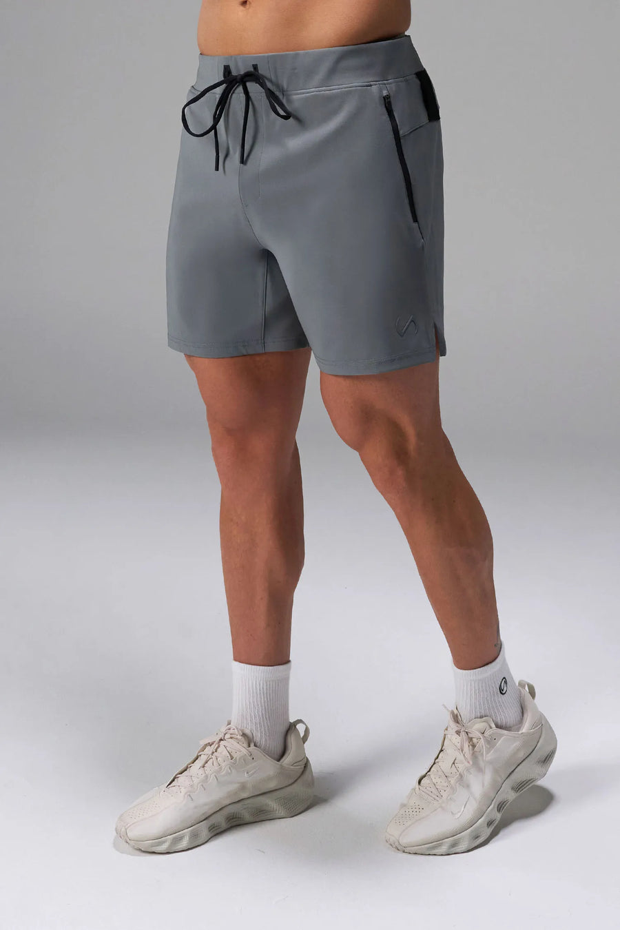 Gray men’s Apex 365 7 Inch Shorts feature a 7 inch inseam, designed for training, and all-day gym to street wear by TLF Apparel – front view 
