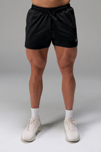 Black Men’s Micro Mesh 5 Inch Shorts with 7-inch inseam, designed for gym training, HIIT workouts and running by TLF Apparel – front view 