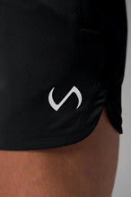 Black Men’s Micro Mesh 5 Inch Shorts with 7-inch inseam, designed for gym training, HIIT workouts and running by TLF Apparel – logo view 