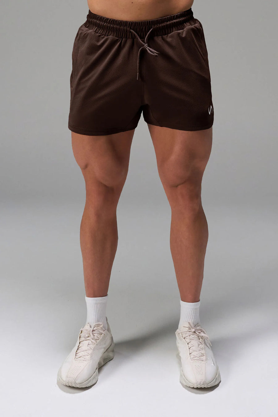Brown Men’s Micro Mesh 5 Inch Shorts with 7-inch inseam, designed for gym training, HIIT workouts and running by TLF Apparel – front view 
