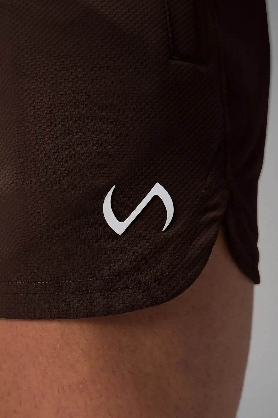 Brown Men’s Micro Mesh 5 Inch Shorts with 7-inch inseam, designed for gym training, HIIT workouts and running by TLF Apparel – detail view 