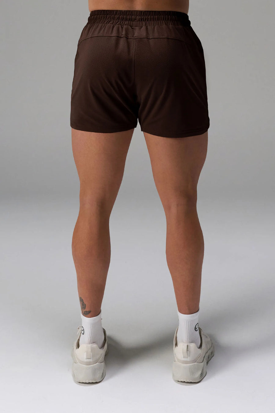 Brown Men’s Micro Mesh 5 Inch Shorts with 7-inch inseam, designed for gym training, HIIT workouts and running by TLF Apparel – back view 