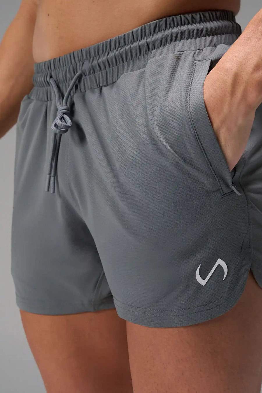 Gray Men’s Micro Mesh 5 Inch Shorts with 7-inch inseam, designed for gym training, HIIT workouts and running by TLF Apparel – detail view 