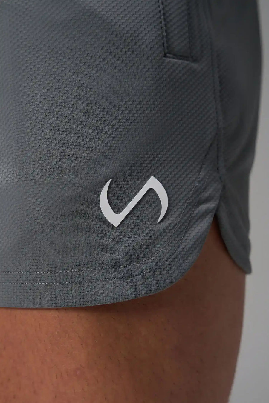Gray Men’s Micro Mesh 5 Inch Shorts with 7-inch inseam, designed for gym training, HIIT workouts and running by TLF Apparel – detail view 