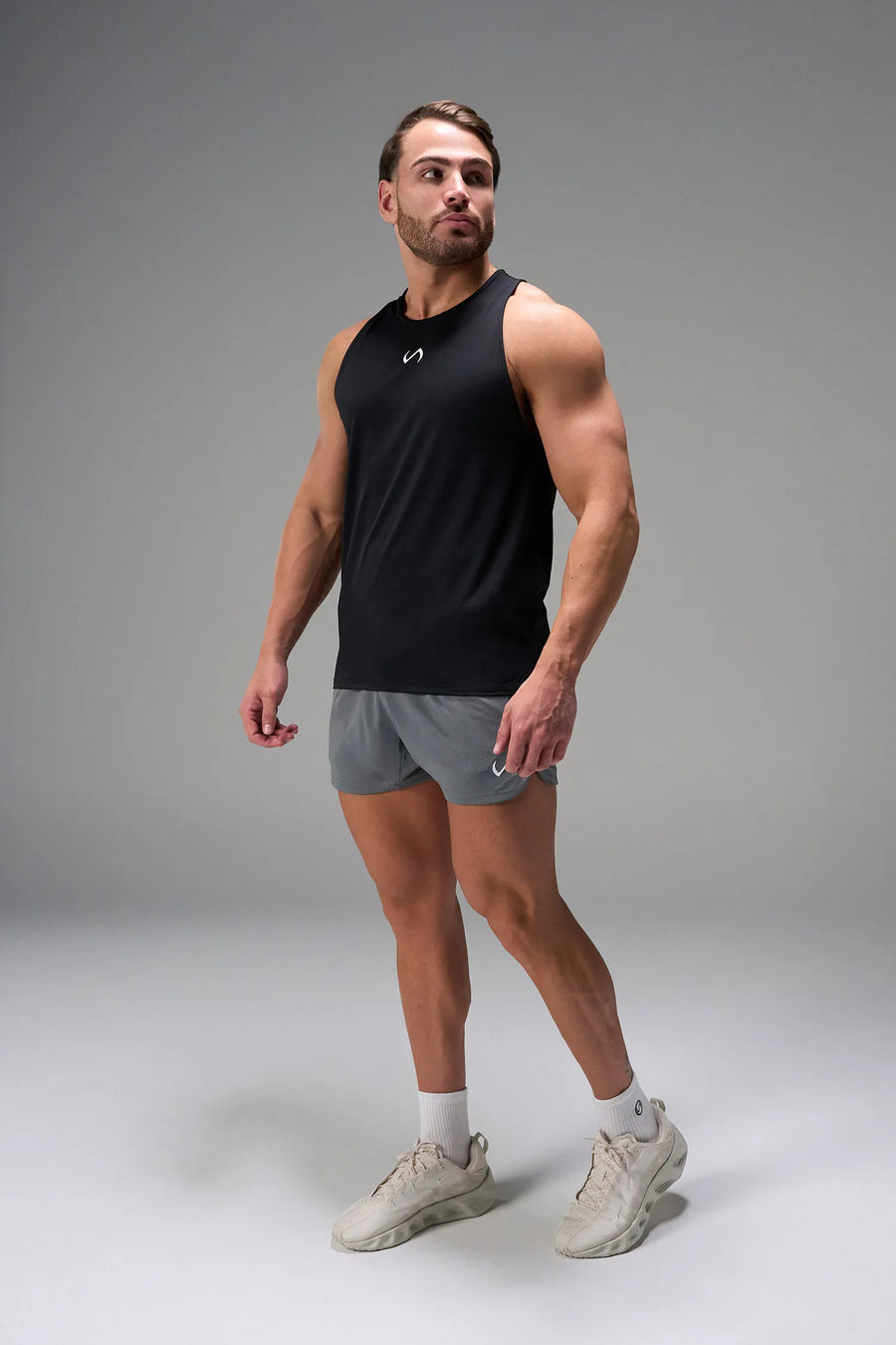 Gray Men’s Micro Mesh 5 Inch Shorts with 7-inch inseam, designed for gym training, HIIT workouts and running by TLF Apparel – front view 