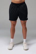 Black Men’s Micro Mesh 7 Inch Shorts with 7-inch inseam, designed for gym training, HIIT workouts and running by TLF Apparel – front view 