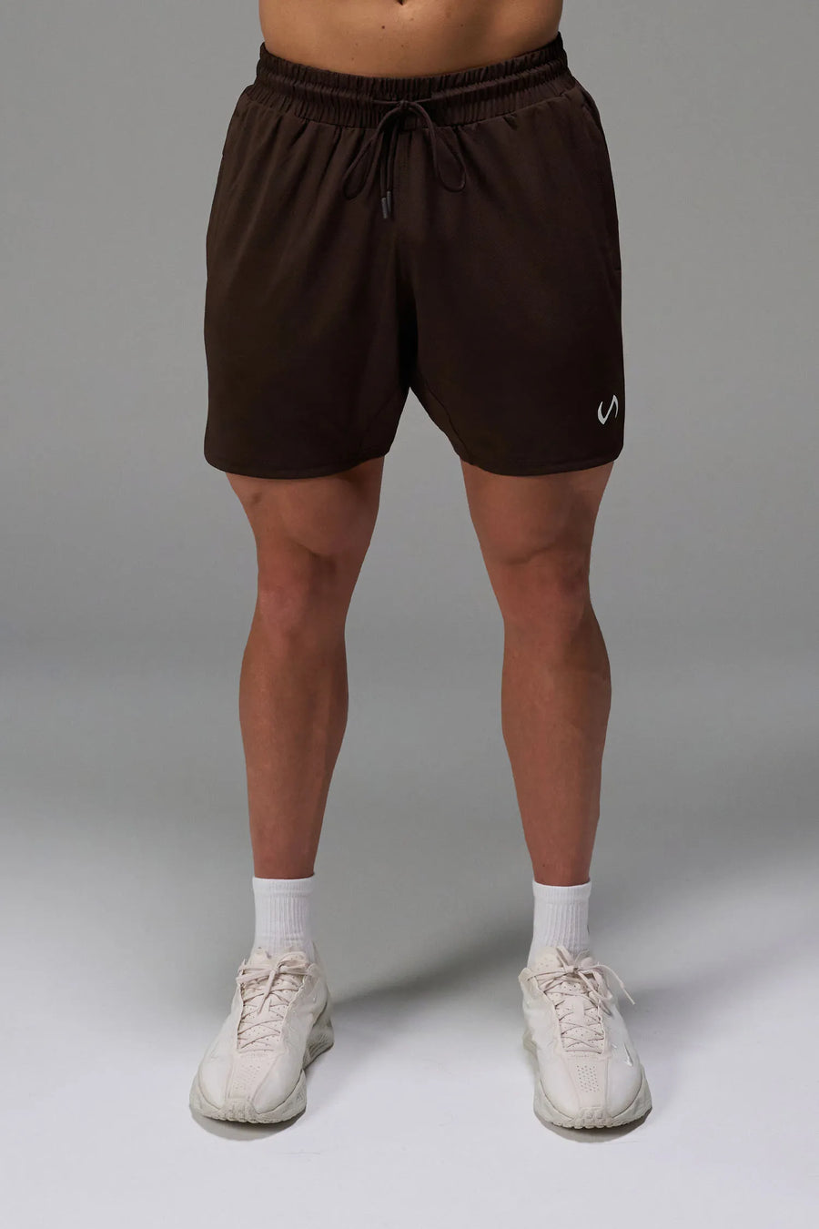 Brown Men’s Micro Mesh 7 Inch Shorts with 7-inch inseam, designed for gym training, HIIT workouts and running by TLF Apparel – front view 