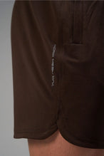 Brown Men’s Micro Mesh 7 Inch Shorts with 7-inch inseam, designed for gym training, HIIT workouts and running by TLF Apparel – detail logo view 
