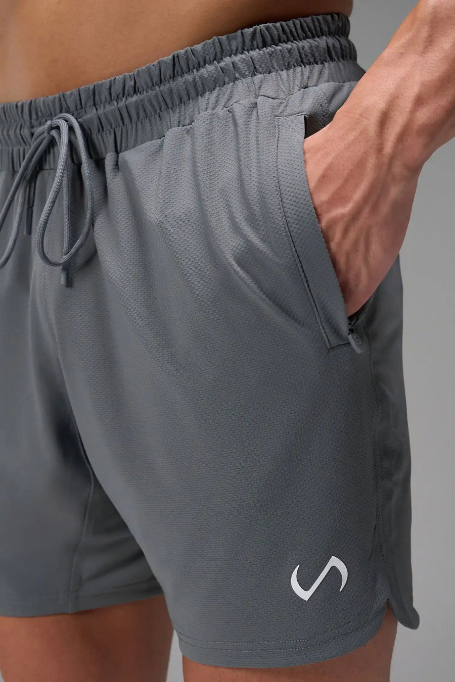 Gray Men’s Micro Mesh 7 Inch Shorts with 7-inch inseam, designed for gym training, HIIT workouts and running by TLF Apparel –  detail view 