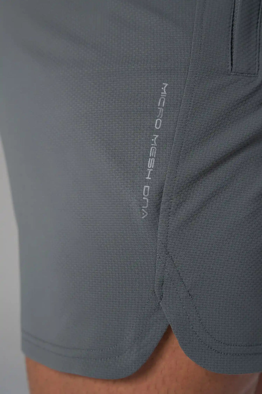 Gray Men’s Micro Mesh 7 Inch Shorts with 7-inch inseam, designed for gym training, HIIT workouts and running by TLF Apparel – detail view 