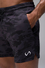 Black Tonal Camo Adapt Performance 5 inch Shorts showing tonal camo jacquard knit texture and zipper pocket detail by TLF Apparel – detail view