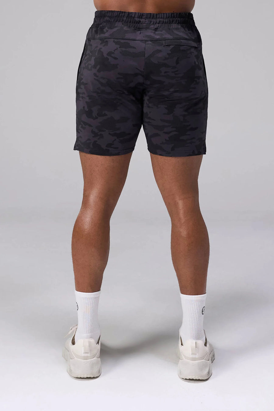 Black Tonal Camo Adapt Performance 7 Inch Shorts showing rear fit and secure zipper pocket for training and everyday wear by TLF Apparel – back view