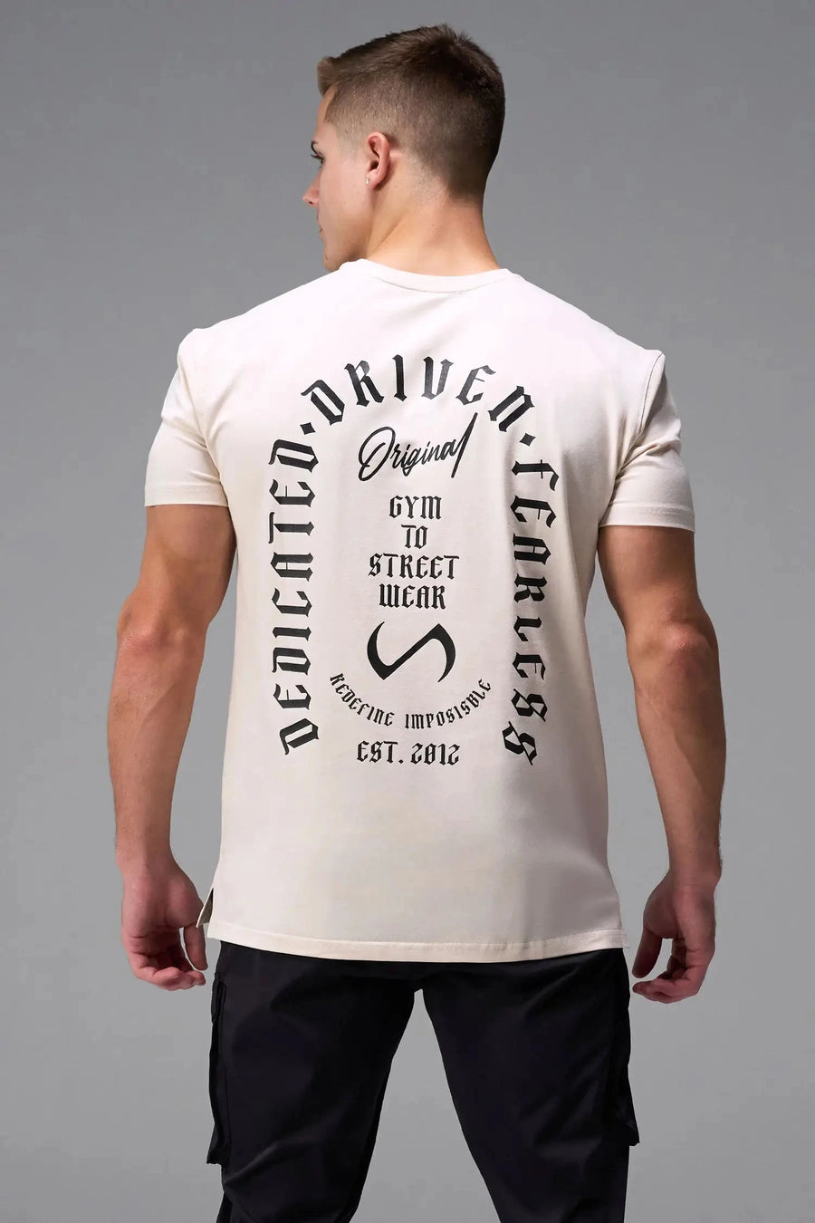 Back View of White TLF 3 Strengths Swole Tee, featuring a custom graphic print design in our swole fit for all day wear