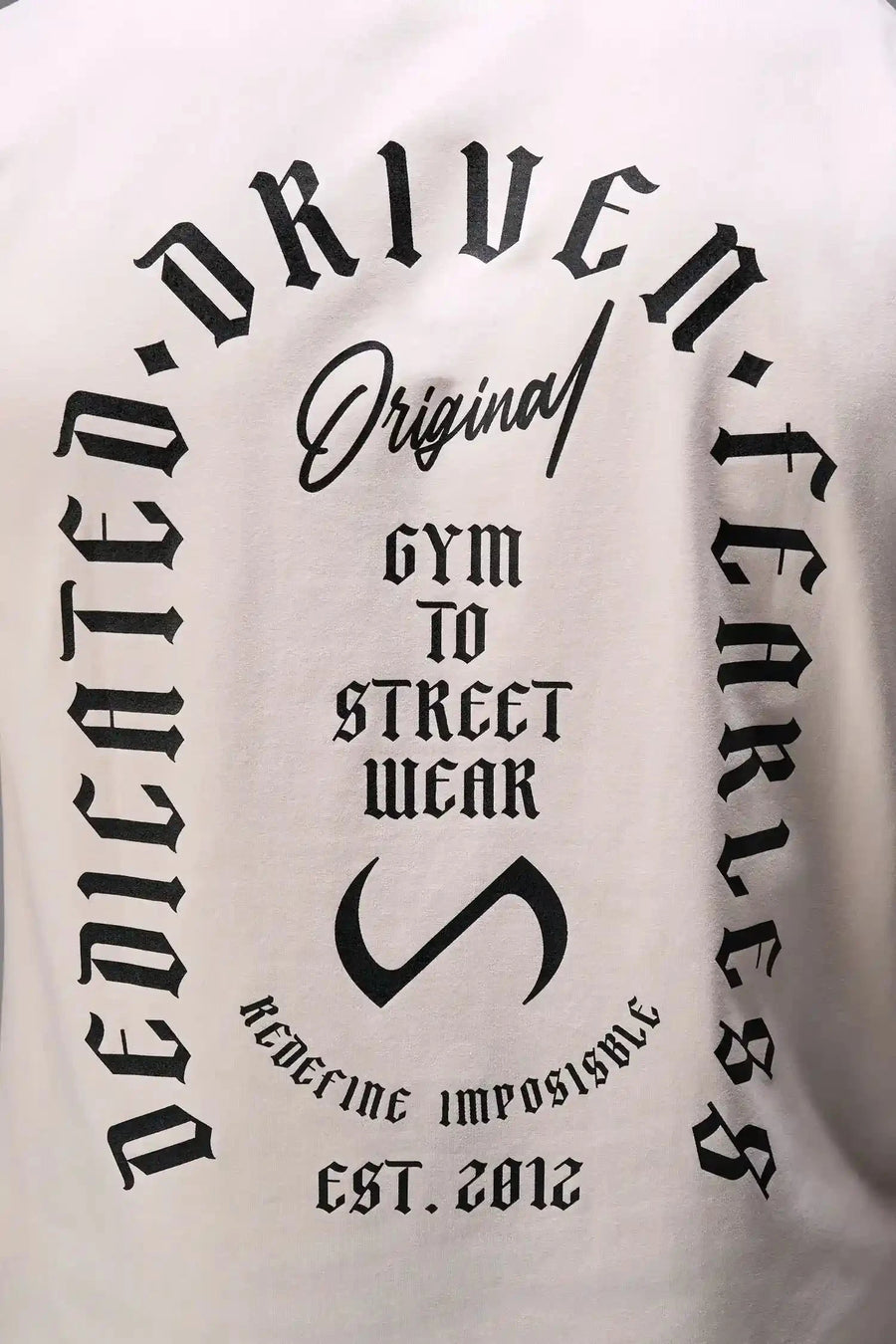 Back View of White TLF 3 Strengths Swole Tee, featuring a custom graphic print design in our swole fit for all day wear