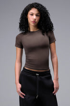 Women’s dark oak essential seamless short sleeve top with contouring fit for gym and lifestyle by TLF Apparel – main front view