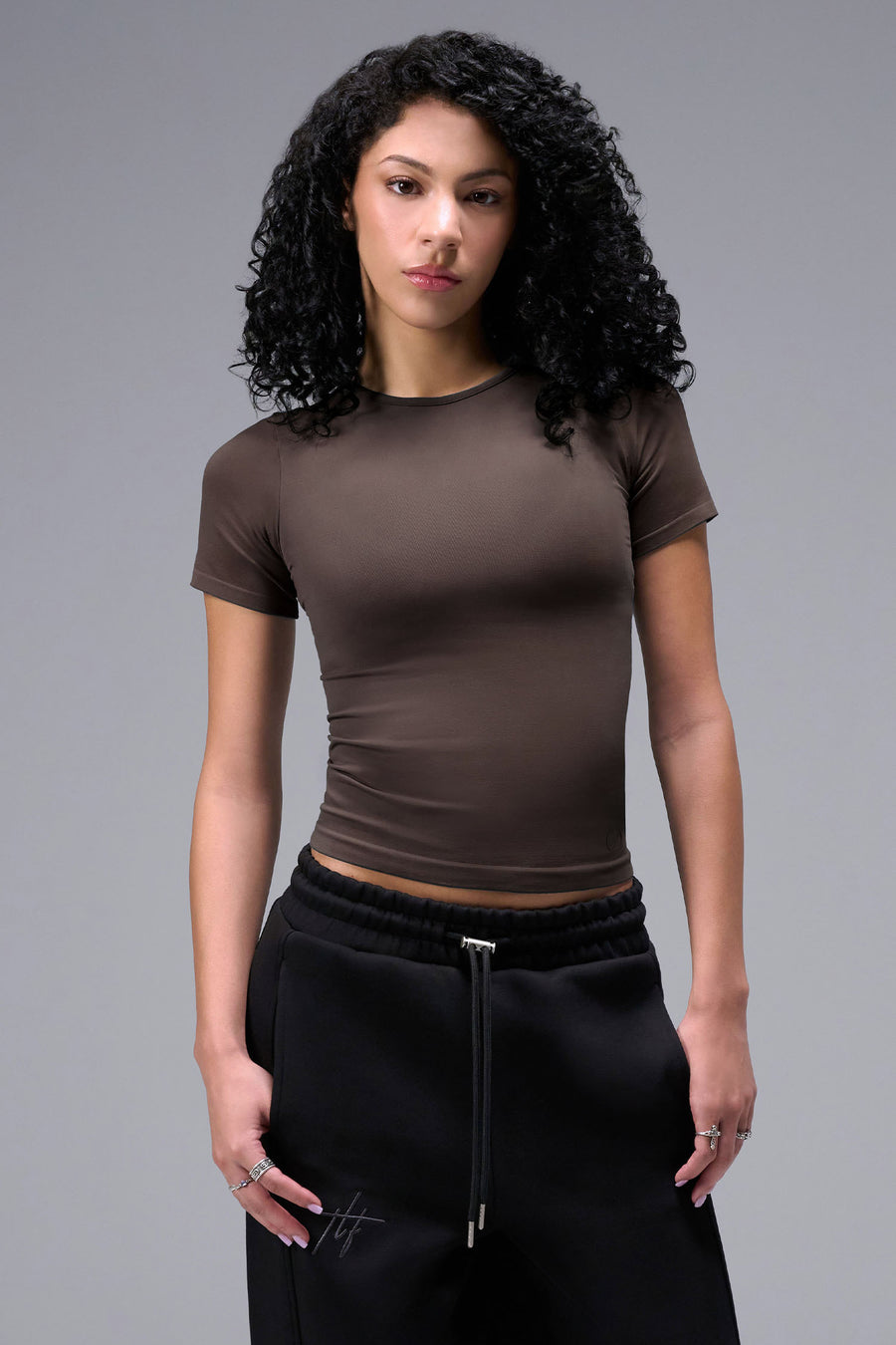 Women’s dark oak essential seamless short sleeve top with contouring fit for gym and lifestyle by TLF Apparel – main front view