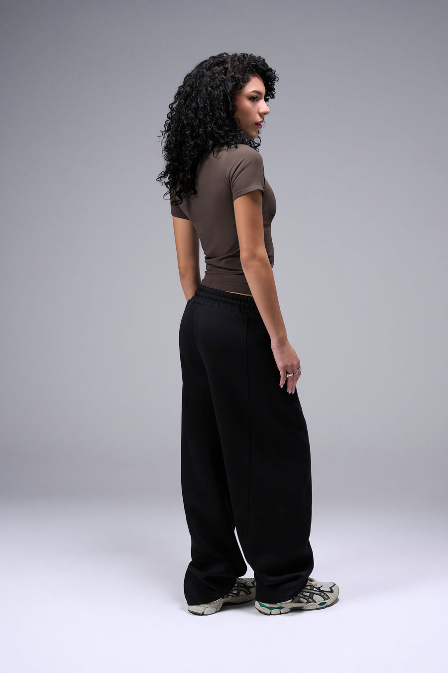 Women’s dark oak essential seamless short sleeve top with contouring fit for gym and lifestyle by TLF Apparel – side  view
