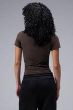 Women’s dark oak essential seamless short sleeve top with contouring fit for gym and lifestyle by TLF Apparel – back view