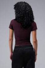 Women’s wine essential seamless short sleeve top with contouring fit for gym and lifestyle by TLF Apparel – back view