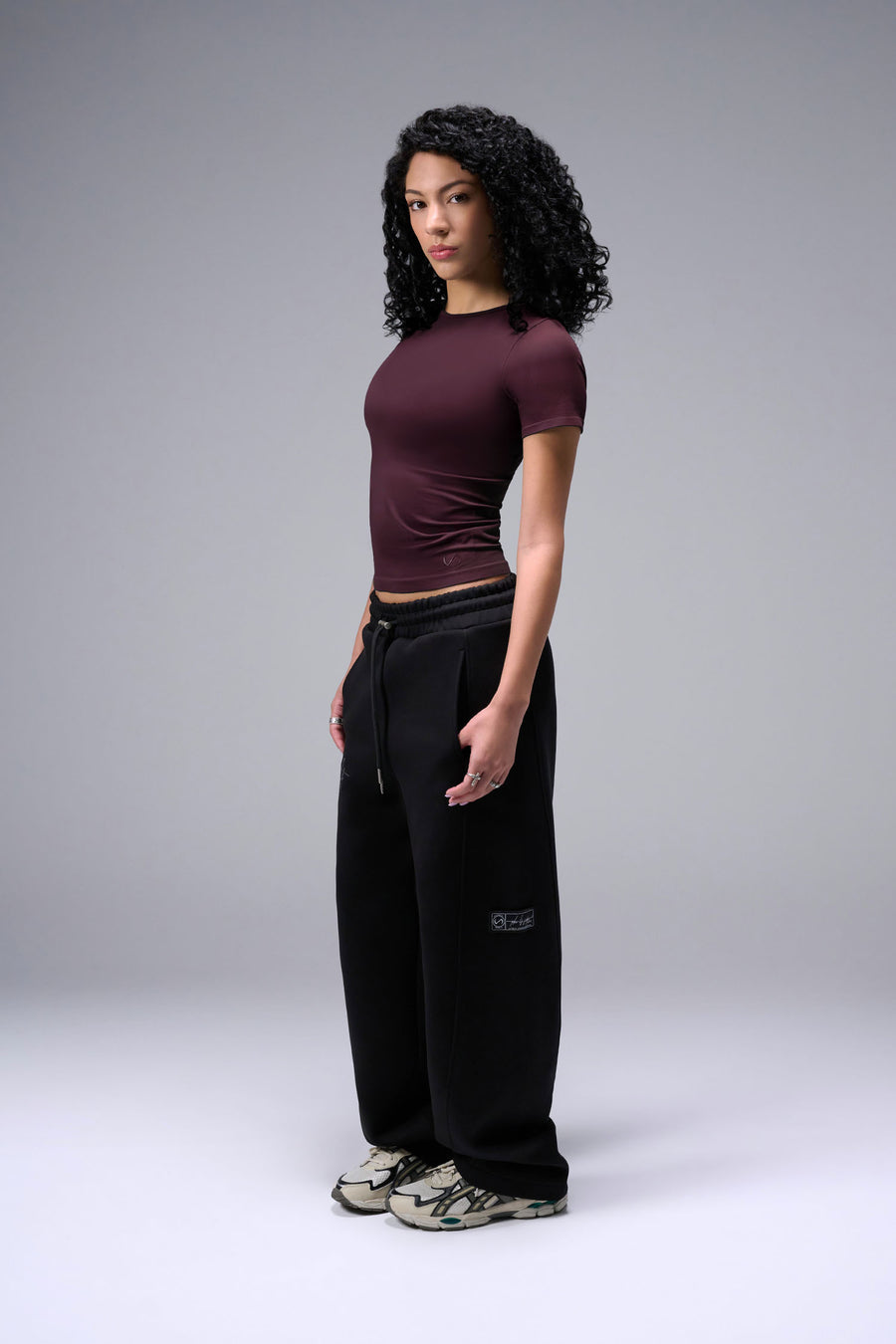 Women’s wine essential seamless short sleeve top with contouring fit for gym and lifestyle by TLF Apparel –  front view