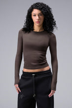 Women’s dark oak essential seamless long sleeve top with contouring fit for gym and lifestyle by TLF Apparel – main front view