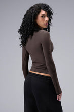 Women’s dark oak essential seamless long sleeve top with contouring fit for gym and lifestyle by TLF Apparel – back view