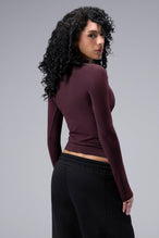 Women’s wine essential seamless long sleeve top with contouring fit for gym and lifestyle by TLF Apparel – back view