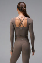 Brown NeoCloud™ wrap top with long sleeves and wrap design for multiple styling options by TLF Apparel – back view 