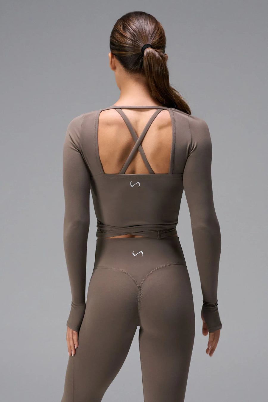 Brown NeoCloud™ wrap top with long sleeves and wrap design for multiple styling options by TLF Apparel – back view 
