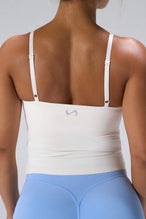 Cream NeoCloud™ Built In Bra Tank showing NeoCloud™ fabric, adjustable straps, and shelf bra by TLF Apparel – detail view