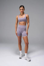 Gray Cosmic Seamless Scrunch Butt Shorts with booty shaping ruching and glute contour seam for workouts and gym training by TLF Apparel – front view 