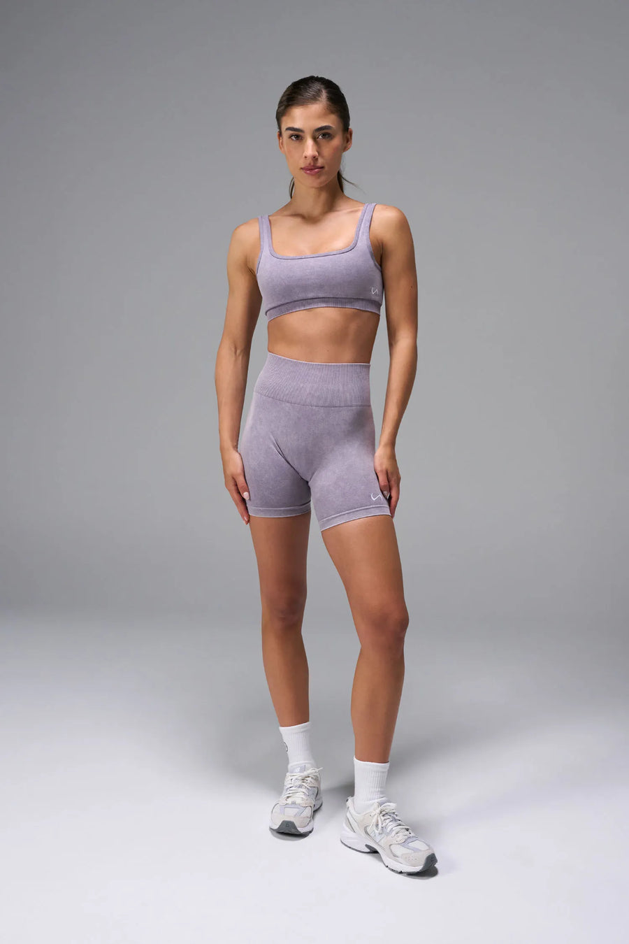 Gray Cosmic Seamless Scrunch Butt Shorts with booty shaping ruching and glute contour seam for workouts and gym training by TLF Apparel – front view 