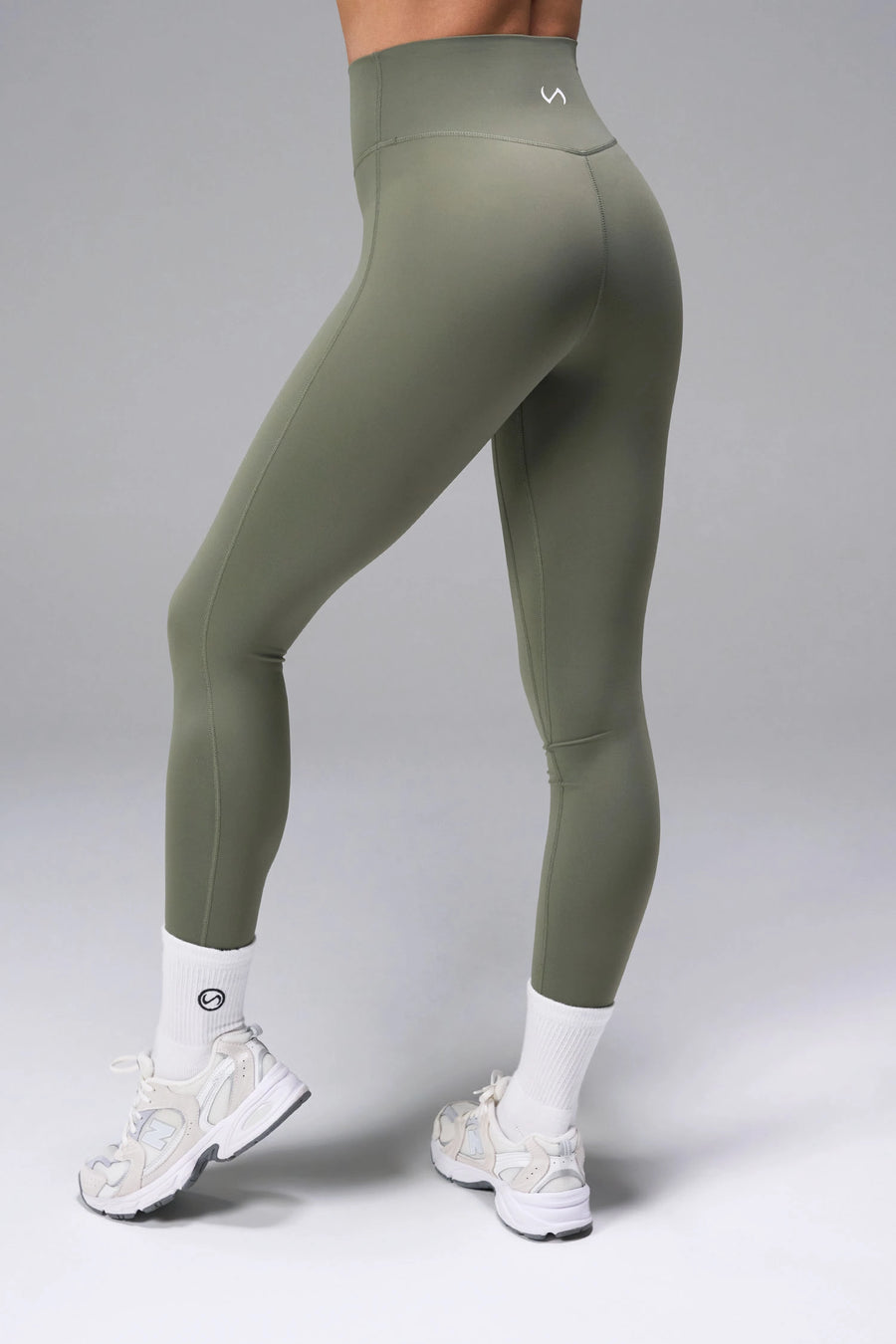 Sage Tempo High Waisted Workout Leggings showing flattering side profile and tummy-tucking waistband by TLF Apparel – side view