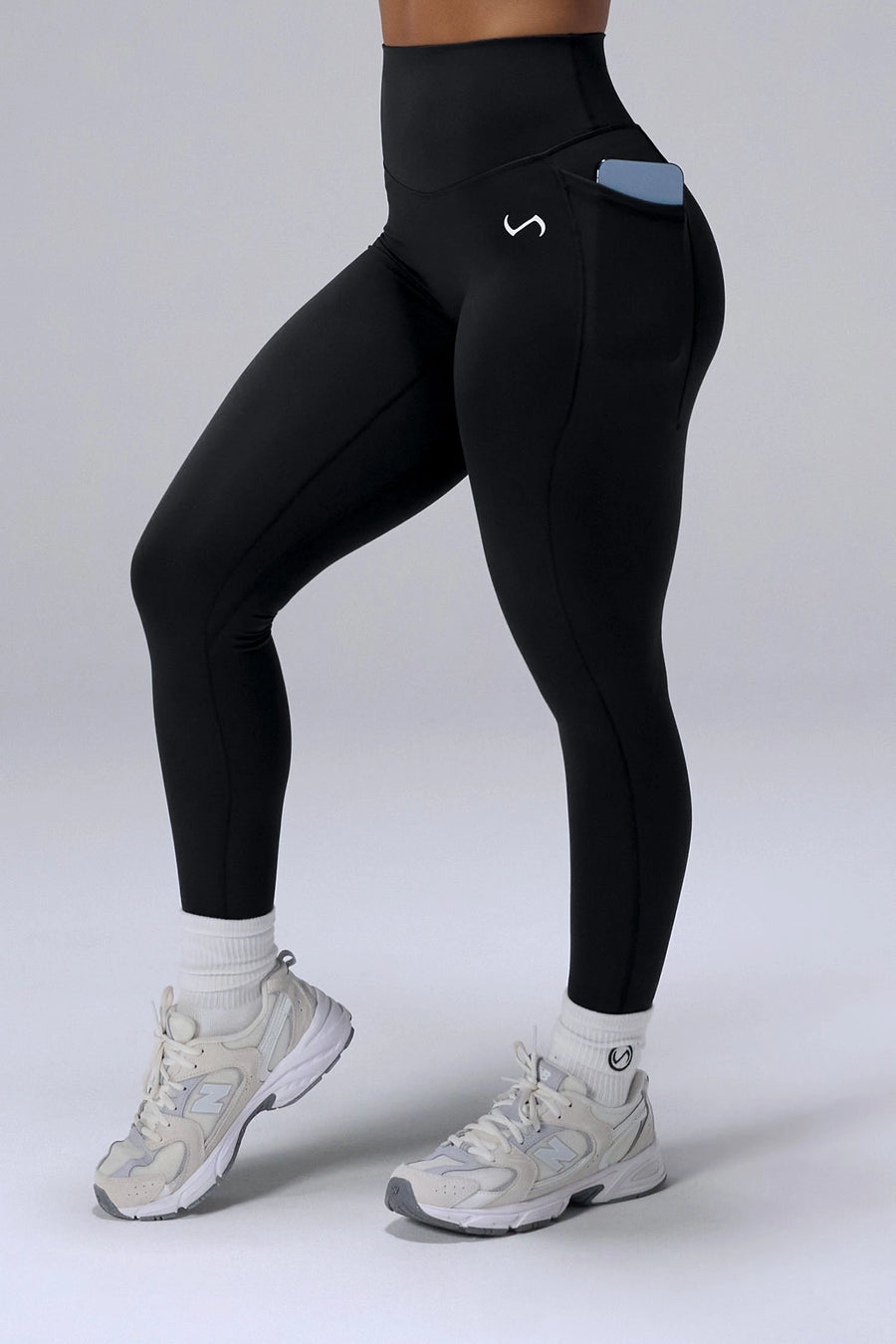 Black Tempo Leggings With Pockets in Luxe DNA™ fabric with high waisted sculpting waistband by TLF Apparel – front view