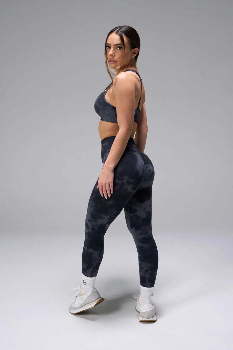 Side View of Blue Tie Dye TLF Cosmic Seamless Sports Bra features adjustable strap for custom fit with high support for performance and functionality