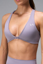 Gray Tempo Front Clasp Sports Bra showing front clasp closure and Luxe DNA™ fabric detail by TLF Apparel – detail view