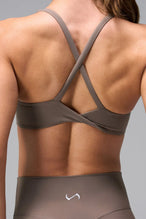 Brown NeoCloud™ V-Neck Sports Bra with v neckline and medium support for the studio classes, pilates and gym training by TLF Apparel – back view 