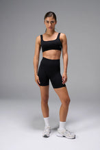 Black Cosmic Seamless Open Back Sports Bra with breathable open back and sculpting seamless fit for workouts and training by TLF Apparel – back view 