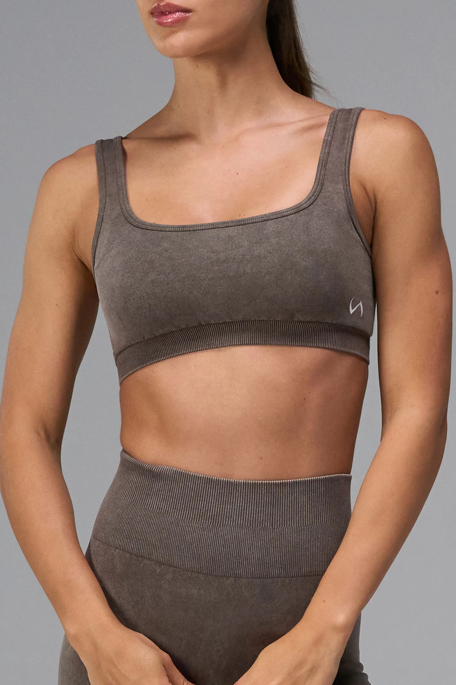 Brown Cosmic Seamless Open Back Sports Bra showing sculpted side fit and seamless performance fabric by TLF Apparel – side view 