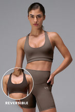 Brown Tempo Racerback Sports Bra in Luxe DNA™ fabric, a reversible low impact sports bra by TLF Apparel – front view