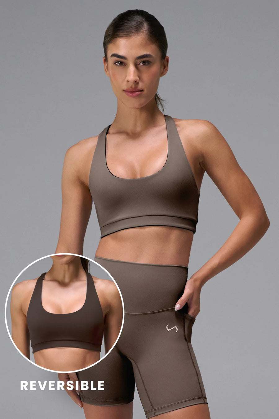 Brown Tempo Racerback Sports Bra in Luxe DNA™ fabric, a reversible low impact sports bra by TLF Apparel – front view