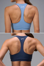 Navy Tempo Racerback Sports Bra showing racerback design for full range of motion by TLF Apparel – back view