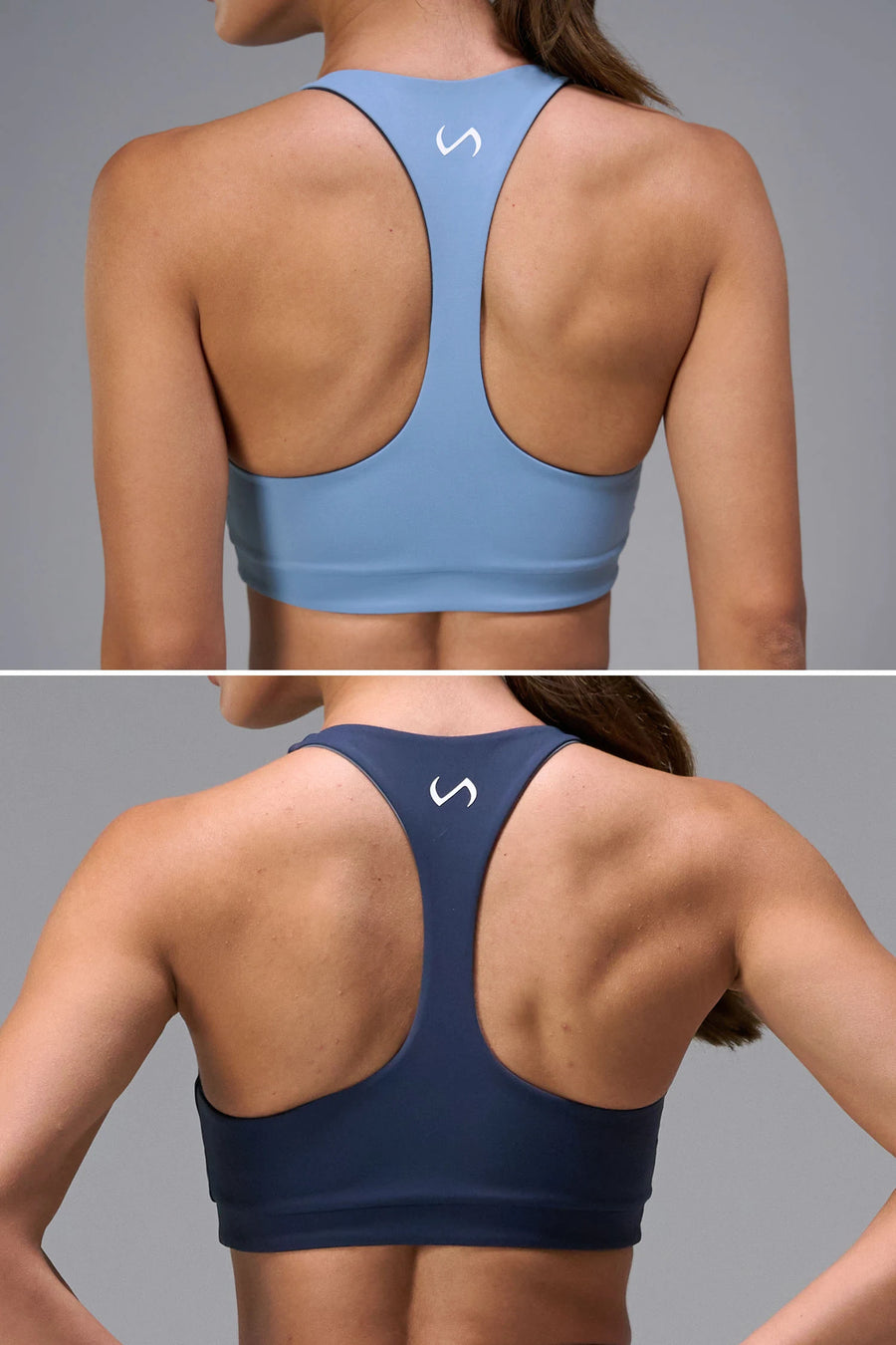 Navy Tempo Racerback Sports Bra showing racerback design for full range of motion by TLF Apparel – back view
