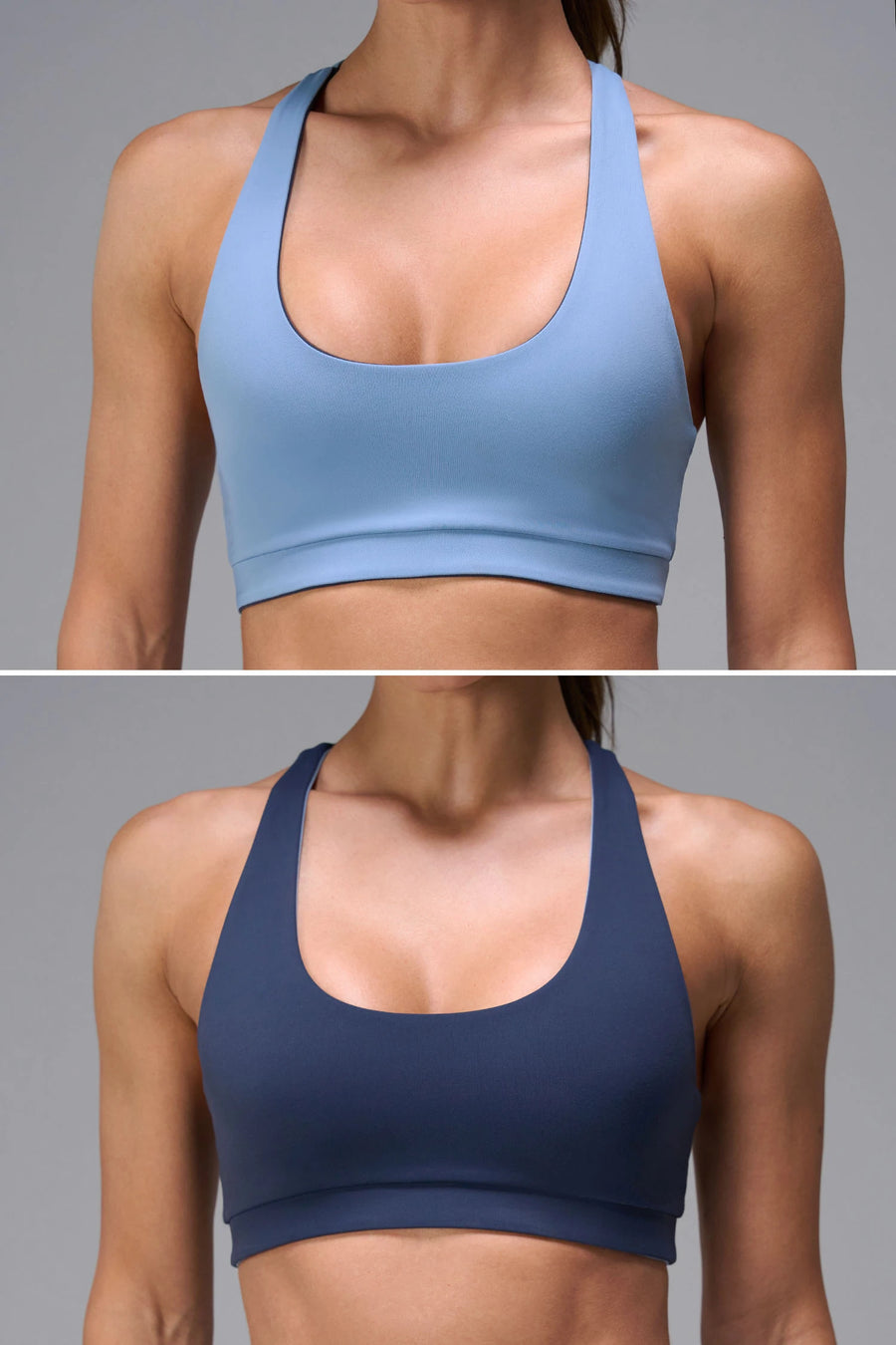 Navy Tempo Racerback Sports Bra showing Luxe DNA™ fabric texture and Hi-Tech Gel TLF logo by TLF Apparel – detail view