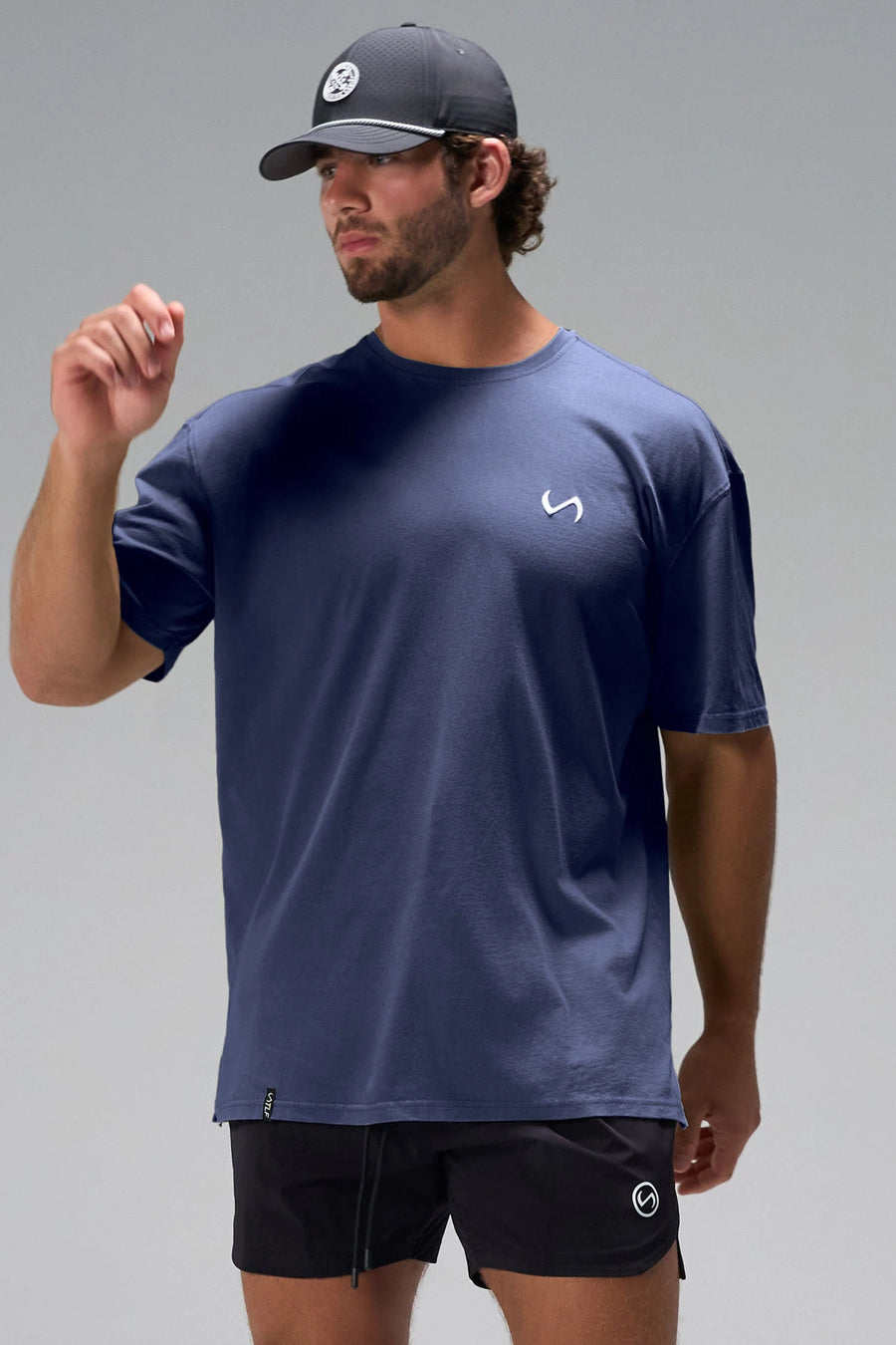 Navy Further Dura Cotton Short Sleeve Tee with oversized relaxed fit and vintage stone wash finish by TLF Apparel – front view