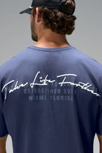 Navy Further Dura Cotton Short Sleeve Tee with arched Take Life Further autograph graphic by TLF Apparel – back view 