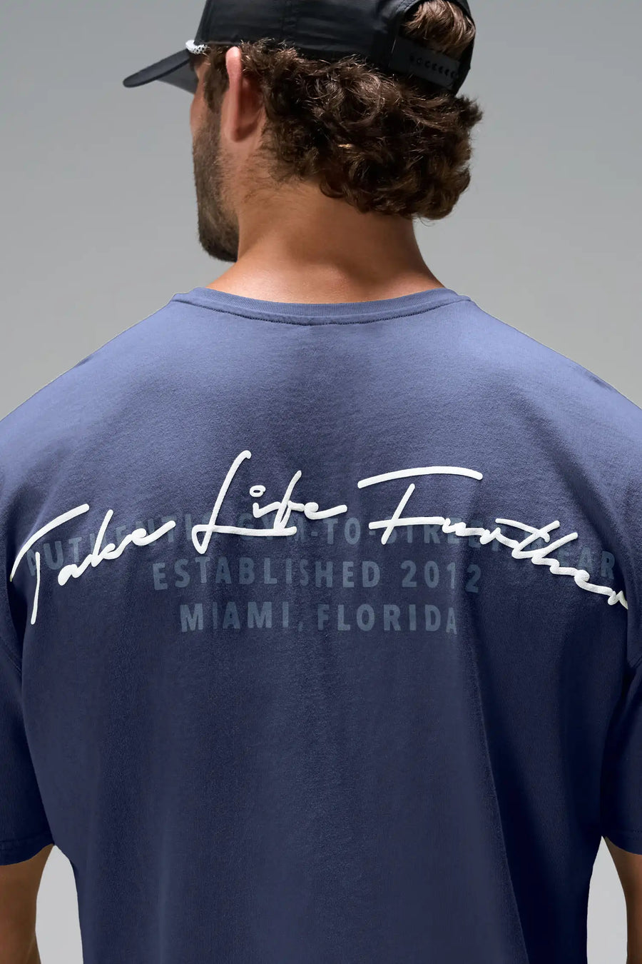 Navy Further Dura Cotton Short Sleeve Tee with arched Take Life Further autograph graphic by TLF Apparel – back view 